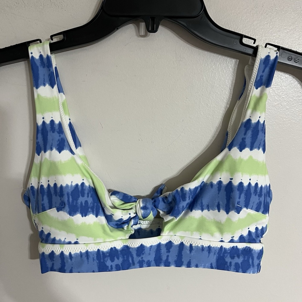 Aerie Scoop Neck Tie Front Bikini Top Blue Green Tie Dye Stripe Small